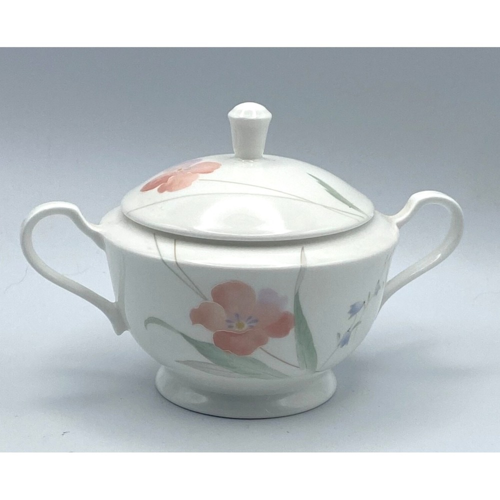 Mikasa Just Love Sugar Bowl w/ Lid Orange Pink Flowers Handles Bone China CAH15‎
